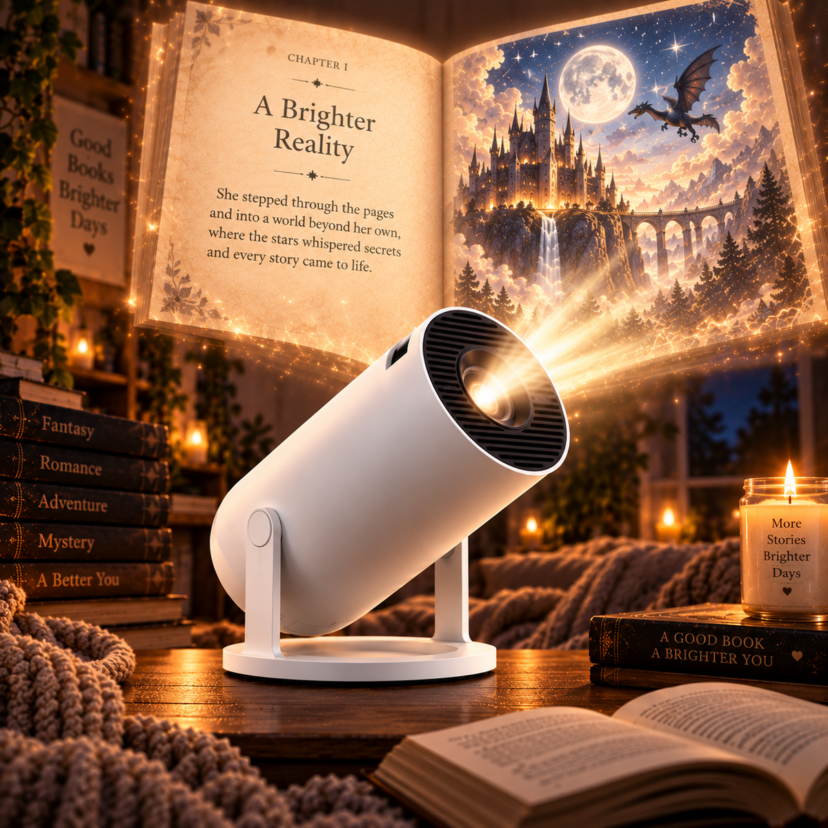 PageGlow projector beside a stack of books