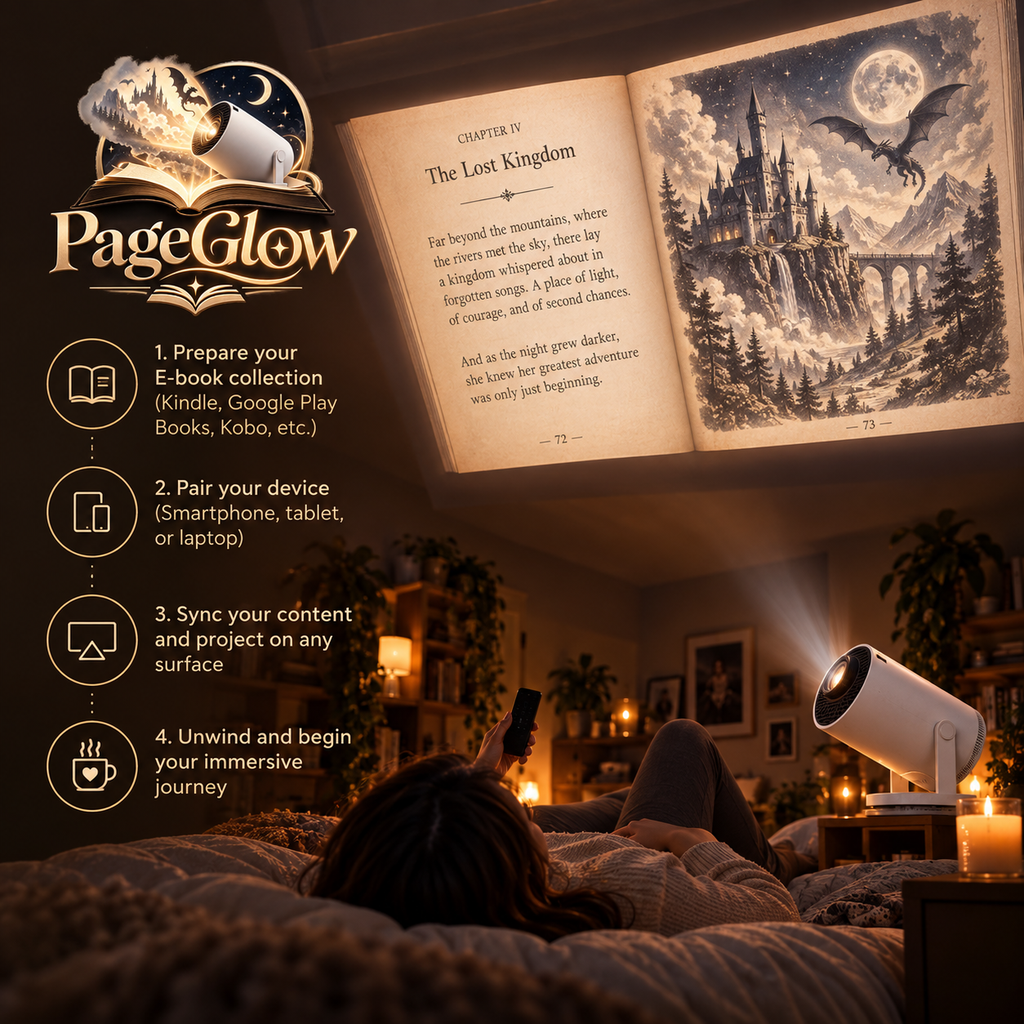 Reader lying in bed with projected pages