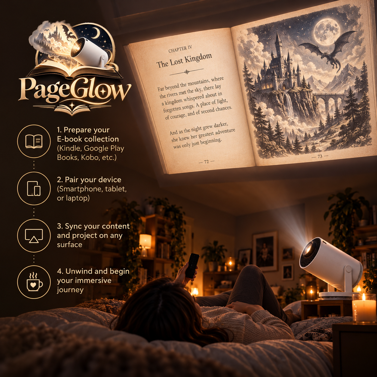 Reader lying in bed with projected pages