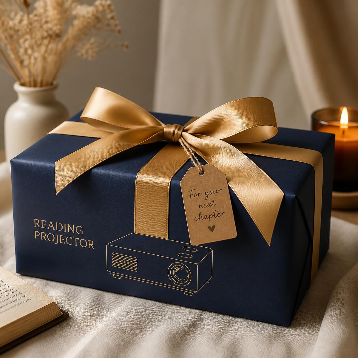 Reading projector gift wrapped in navy paper with gold ribbon